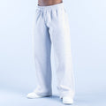 Light gray straight-leg joggers with elastic waistband, side seams, and ribbed cuffs