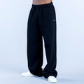 Dark straight-leg joggers with elastic waistband and draped fabric