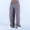 Dark gray joggers with relaxed straight legs, elastic waistband, and tapered cuffs