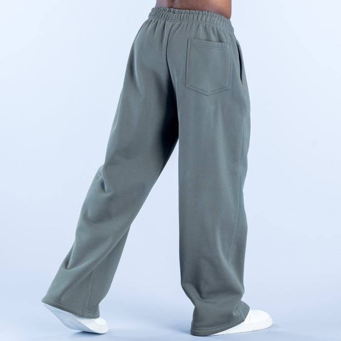 Sage green straight-leg joggers from back with elastic waistband and back pocket