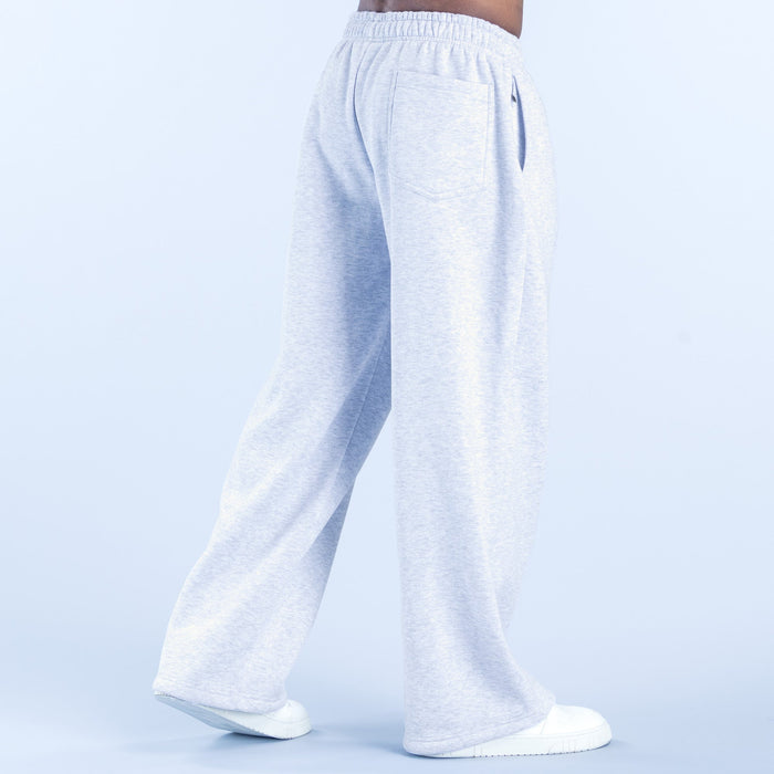 Light gray straight-leg joggers with back pocket and drawstring at elastic waistband