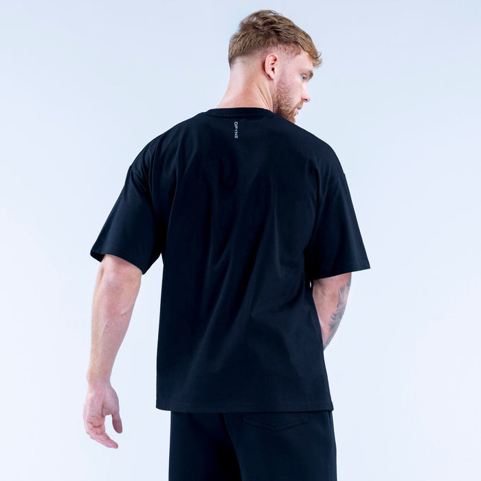 Men's black crew-neck T-shirt, plain back with small logo near collar