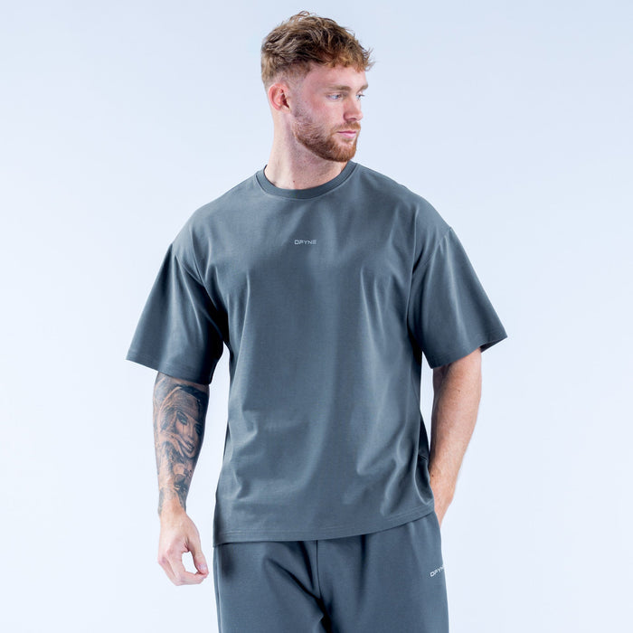 Men's dark teal crew-neck T-shirt with chest logo detail, short sleeves
