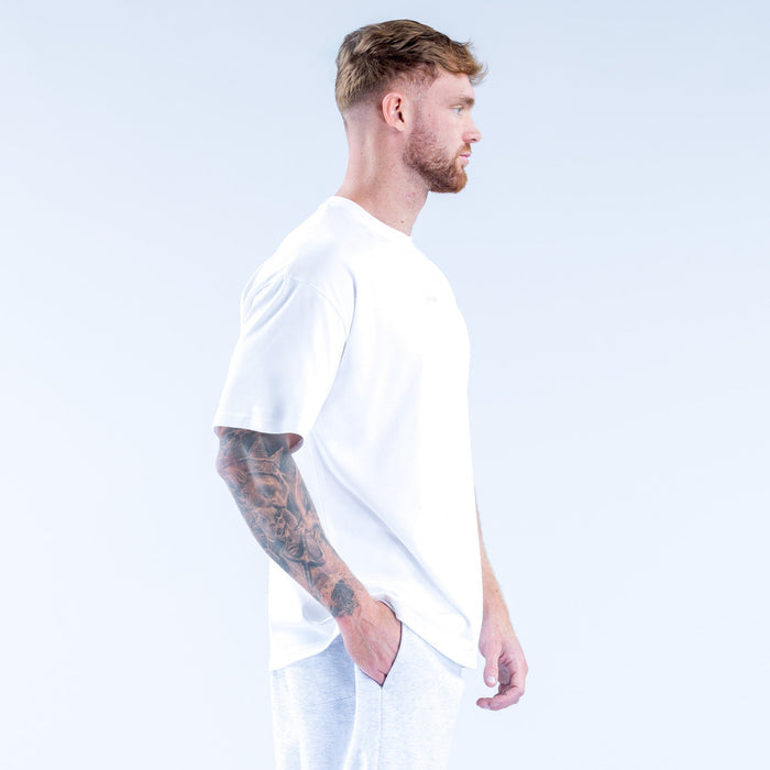 White crew-neck short-sleeve T-shirt, side profile