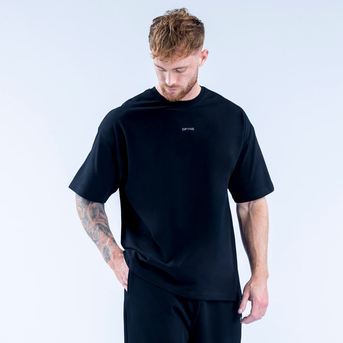 Men's black crew-neck T-shirt with short sleeves and small chest logo