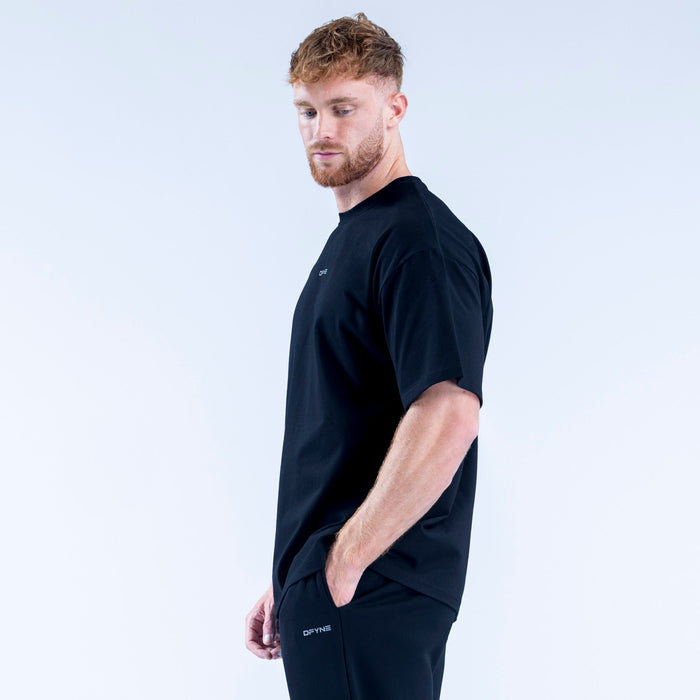 Men's black crew-neck T-shirt, short sleeves and small logo on left chest