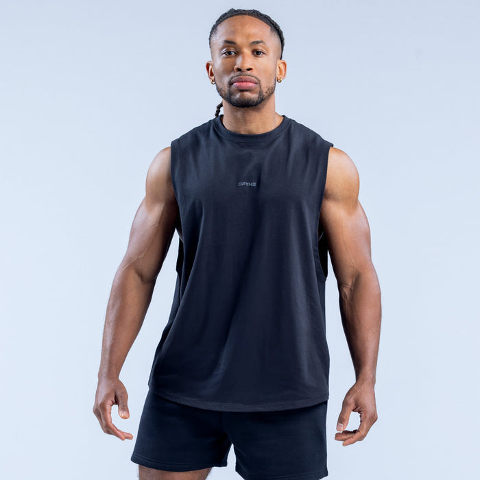 Men's dark sleeveless tank top with crew neck and small chest logo