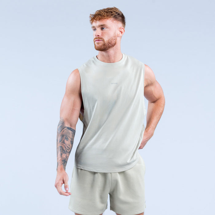 Men's light sage sleeveless tank top with crew neck, relaxed fit