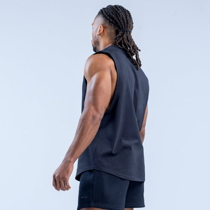Men's dark sleeveless tank top, rear view with straight hem