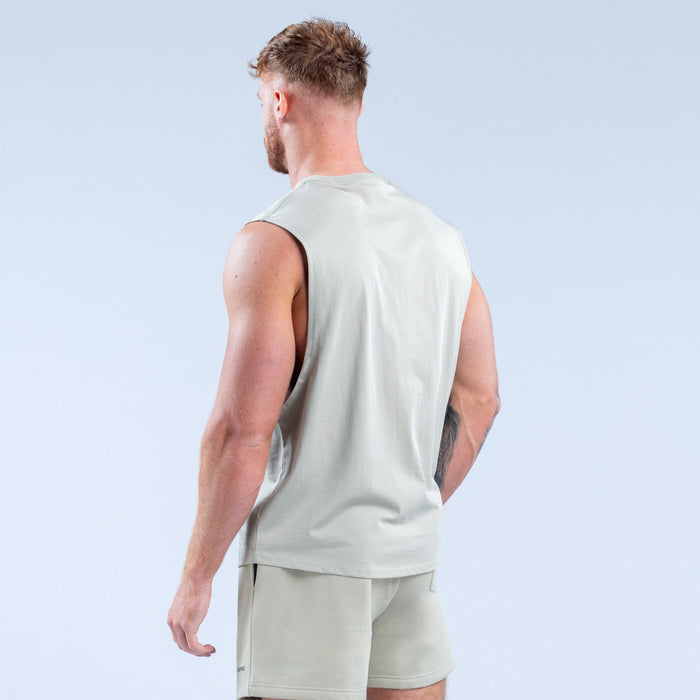 Back view: men's light sage sleeveless tank top with crew neckline