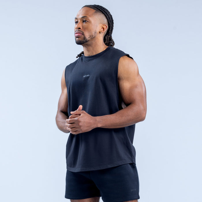 Men's dark sleeveless tank top with crew neck and small chest logo, front side view