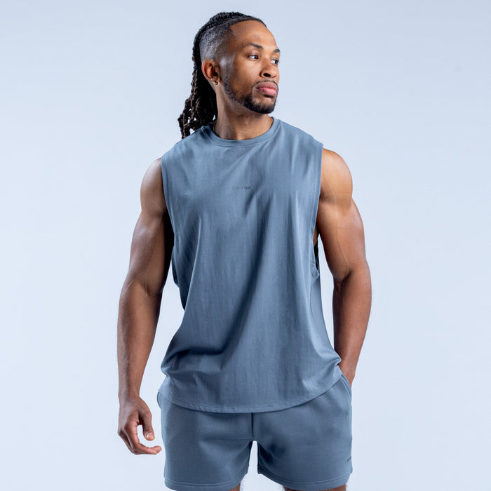 Blue sleeveless crew-neck tank top with curved hem