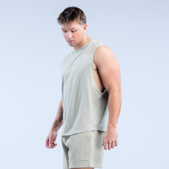 Men's light sage sleeveless tank top with crew neck and straight hem
