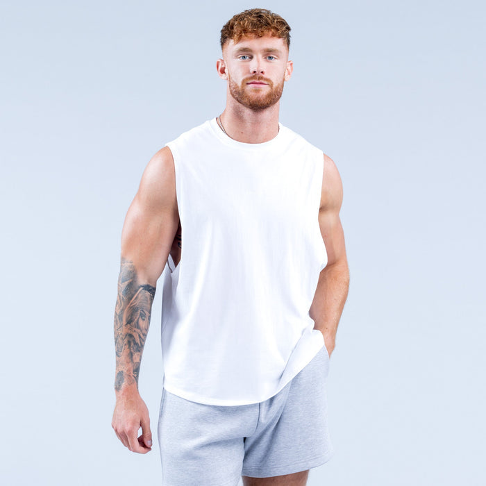 White sleeveless crew-neck tank top, upright front