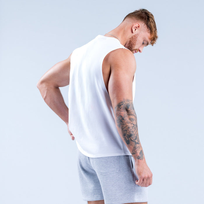 White sleeveless crew-neck tank top, back view