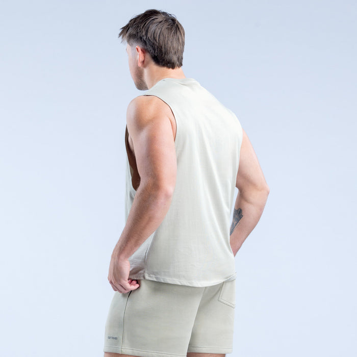 Back view: men's light sage sleeveless tank top with straight hem