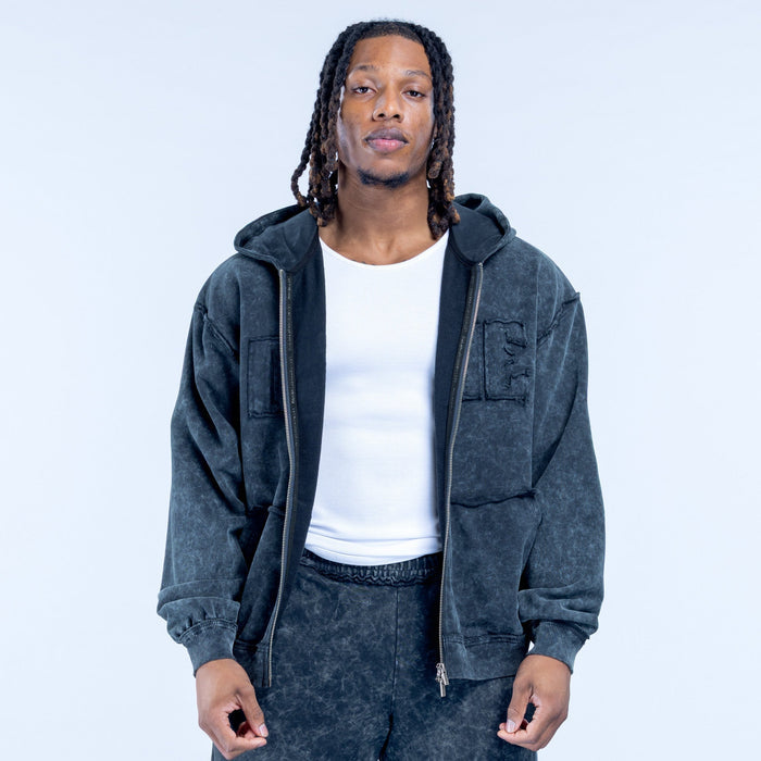Washed zip-front hoodie in dark gray with hood and front pockets