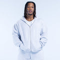Light blue zip-up hoodie with hood, full front zipper, and kangaroo pocket