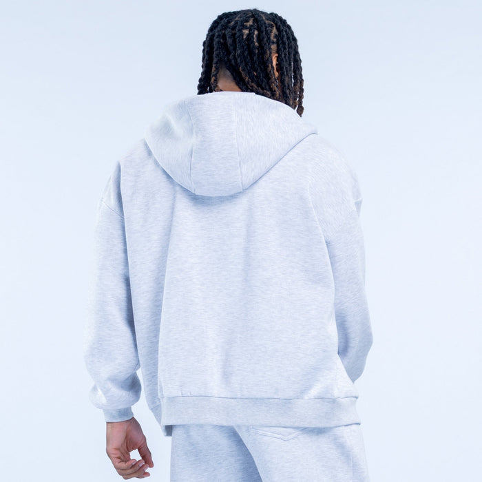 Light blue zip-up hoodie back view with hood and kangaroo pocket