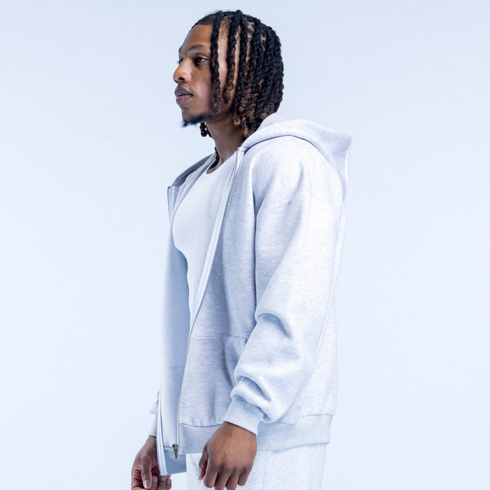 Light blue zip-up hoodie with hood and full front zipper, side view