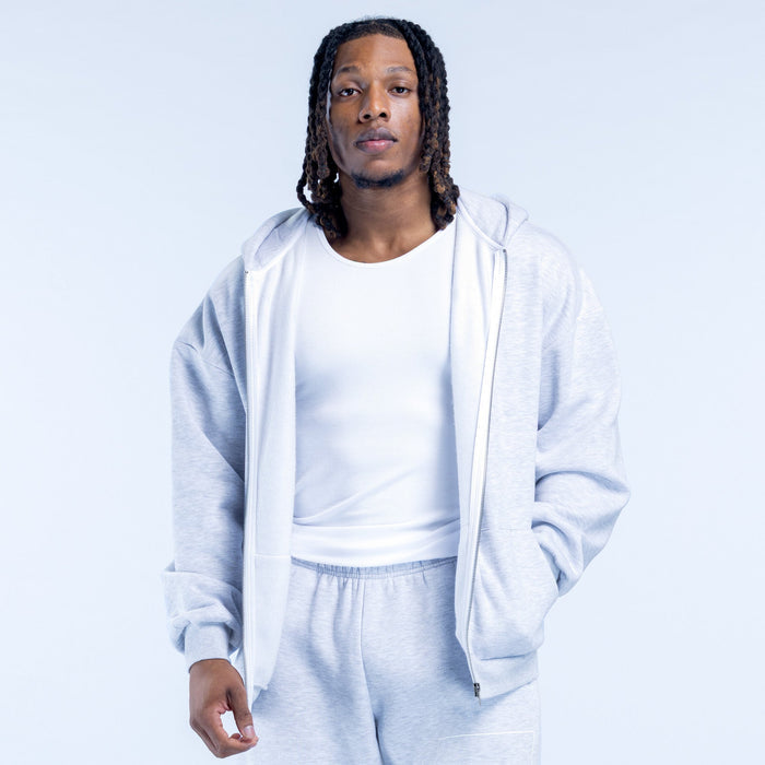 Light blue zip-up hoodie with hood, front zipper, and kangaroo pocket