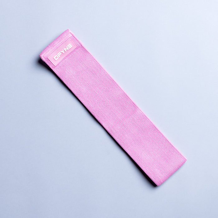 Pink fabric resistance band with DYFYN logo