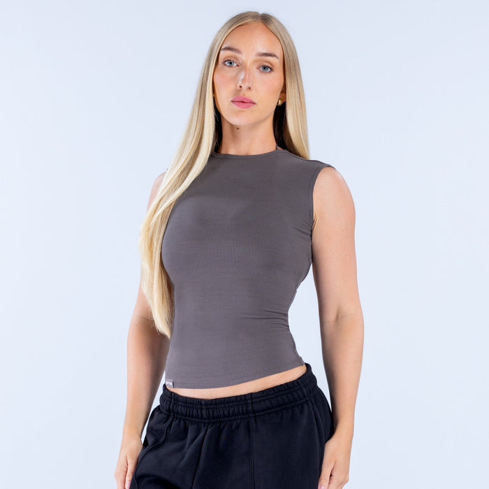 Dark gray ribbed sleeveless top with high neck, backless design