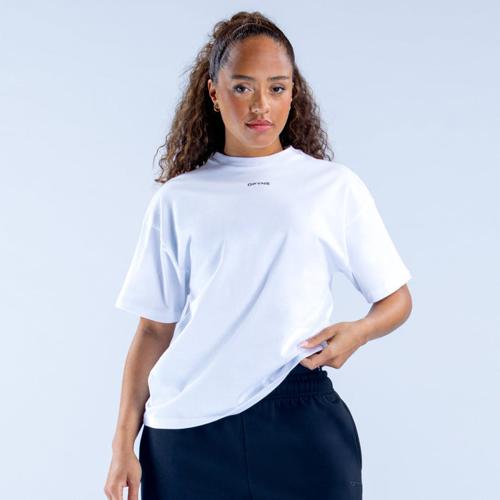 White boxy crew-neck T-shirt with short sleeves and small chest logo