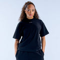 Women's boxy tee, dark navy/black with small chest logo