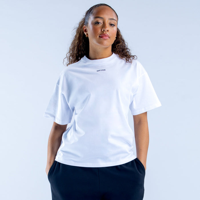 White boxy crew-neck T-shirt with short sleeves and front logo detail
