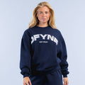 Navy crewneck graphic sweatshirt with DFYNE logo and EST 2021 print, ribbed cuffs