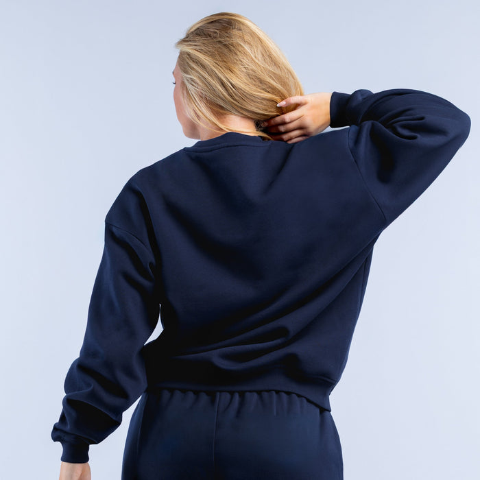 Navy crewneck sweatshirt with plain back, ribbed cuffs and elastic waistband