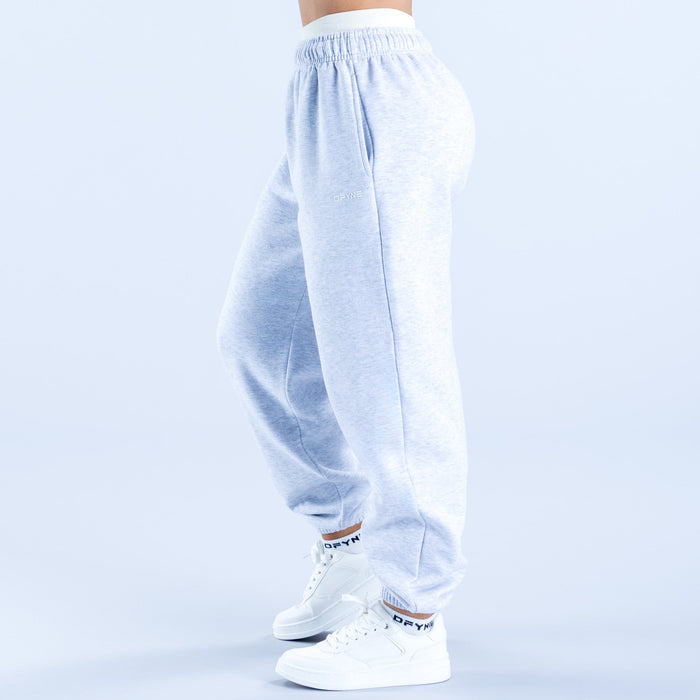 Light blue heather Revive jogger pants, back view with elastic waist and cuffed ankles