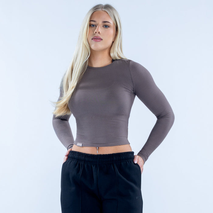 Taupe ribbed long-sleeve crop top with crew neck and fitted waist