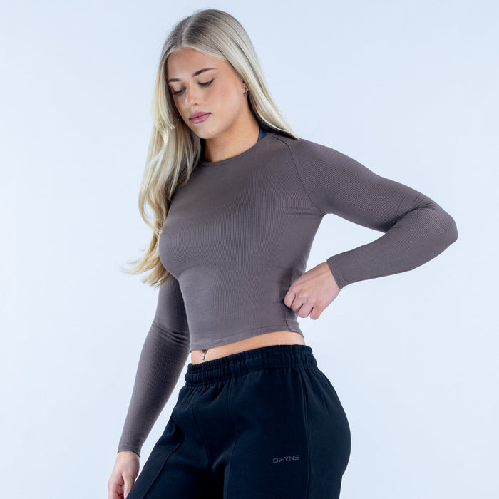 Taupe ribbed long-sleeve crew-neck crop top, side view