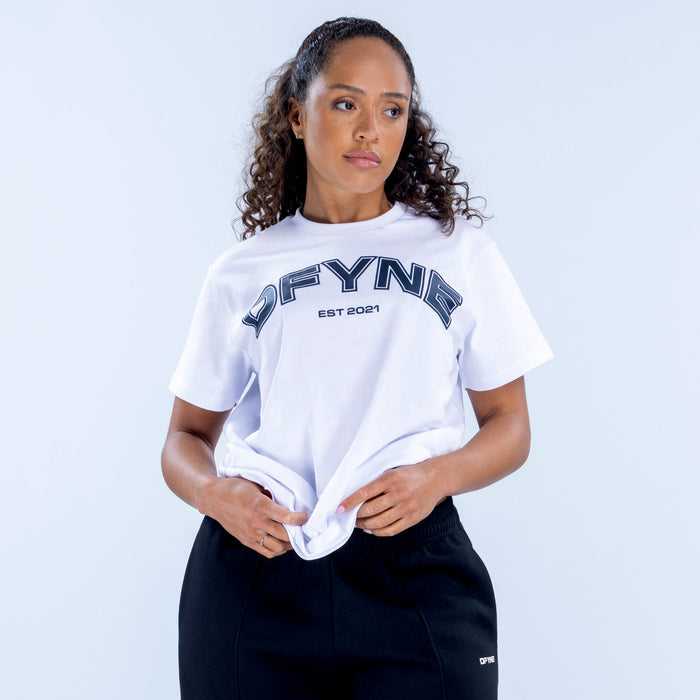 Oversized white graphic T-shirt with DFYN EST 2021 logo print, relaxed fit