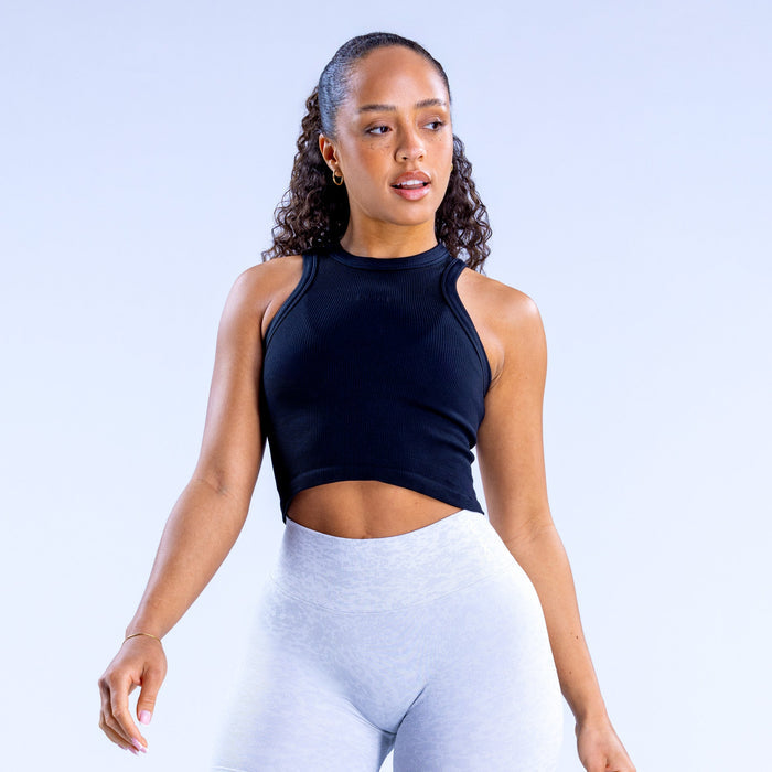 Black racerback crop top, sleeveless athletic tank with high neckline
