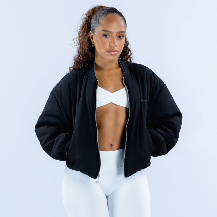 Reversible bomber jacket in black, zip front and ribbed cuffs