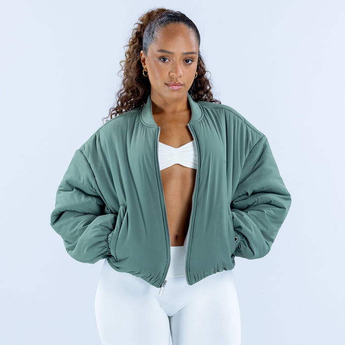 Reversible bomber jacket, green with front zipper and ribbed cuffs