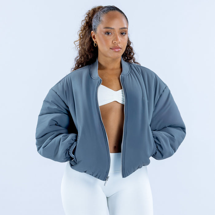 Steel-blue reversible bomber jacket, full zip front, long sleeves