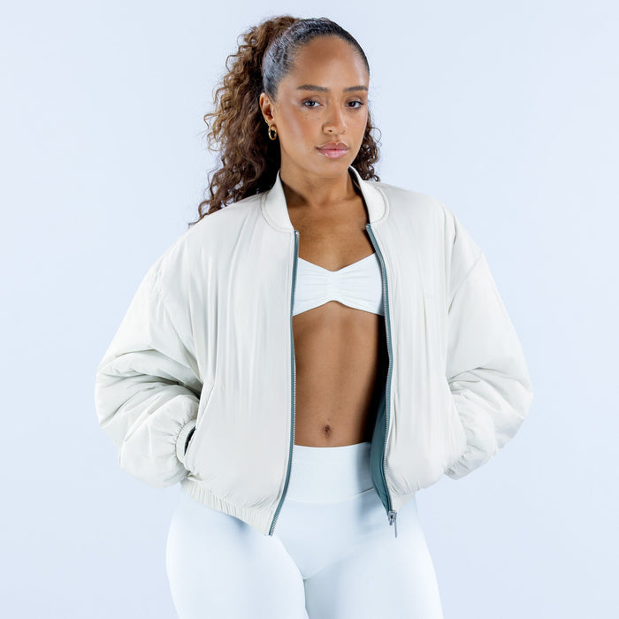 Reversible bomber jacket, white with front zipper and ribbed cuffs