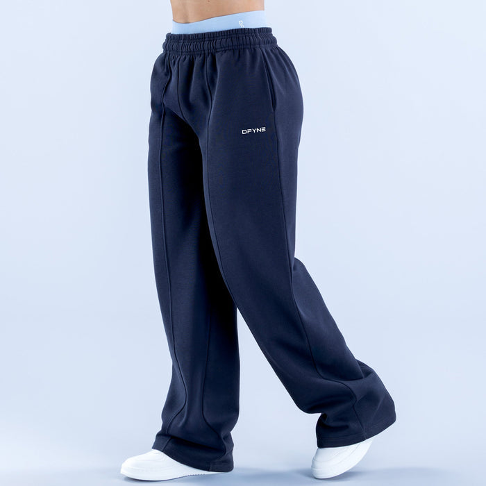 Navy wide-leg jogger pants with elastic waistband and small front logo