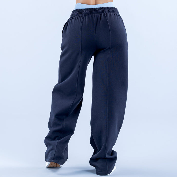 Navy wide-leg jogger pants viewed from back with elastic waistband