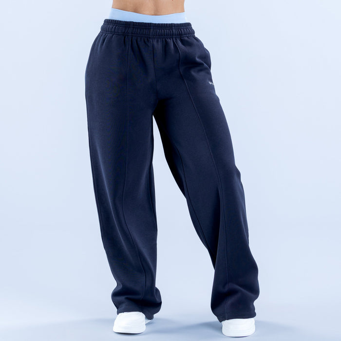 Navy wide-leg jogger pants with relaxed fit and elastic drawstring waistband