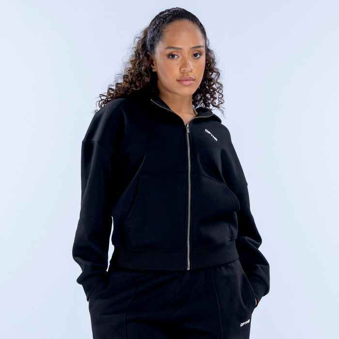 Black zip-front hoodie with hood and kangaroo pocket, small chest logo