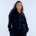 Black zip-front hoodie with hood and kangaroo pocket, small chest logo