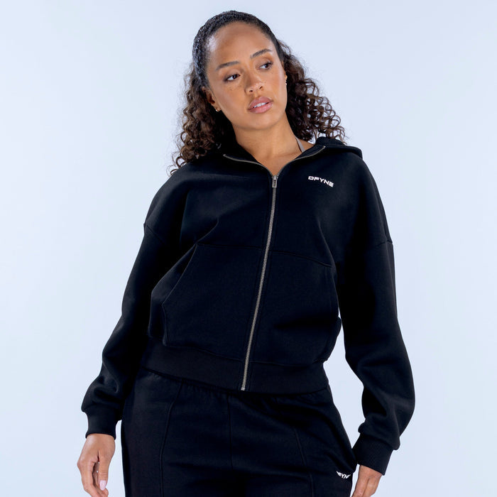 Black zip-front hoodie with hood and front pockets, small chest logo