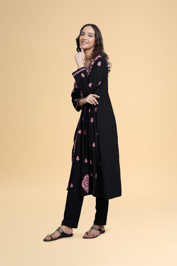 Saba Chikankari Long Kurta in Rayon Cotton - Black