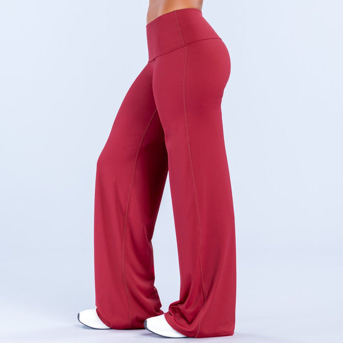 Burgundy wide-leg pants, side view, high waist with long drape and wide openings