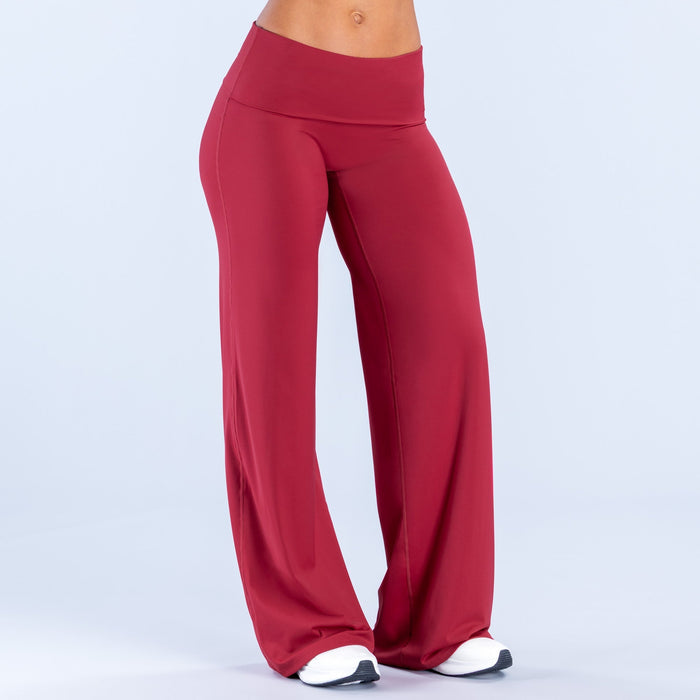 Burgundy wide-leg pants, front view, high waist with relaxed fit and wide legs